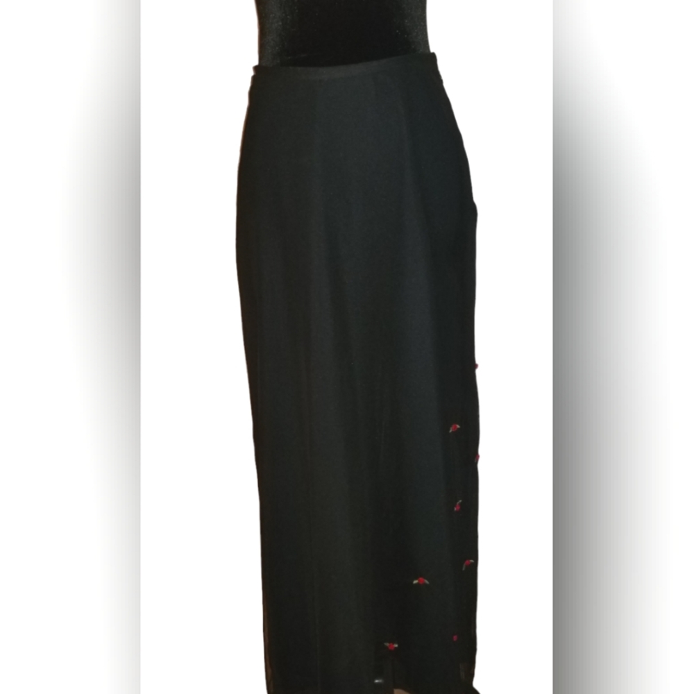 Black Chiffon midi skirt, embroidered rosebuds asymmetrical on left side. SOLD
